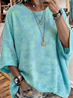 Ombre Tie Dye Waffle Knit Crew Neck Half Sleeve Top