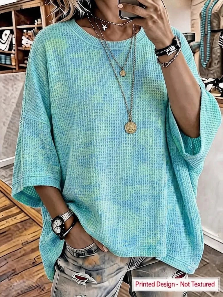Ombre Tie Dye Waffle Knit Crew Neck Half Sleeve Top