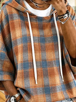 Vintage Plaid Drawstring Hooded Half Sleeve Top