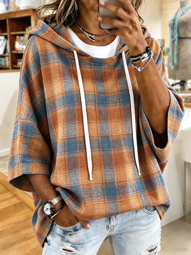 Vintage Plaid Drawstring Hooded Half Sleeve Top