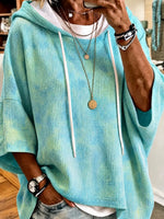 Ombre Tie Dye Waffle Knit Drawstring Hooded Half Sleeve Top
