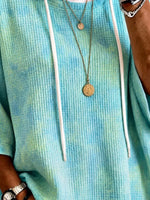 Ombre Tie Dye Waffle Knit Drawstring Hooded Half Sleeve Top
