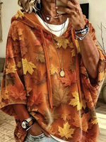 Autumn Maple Leaf Print Drawstring Hooded Half Sleeve Hoodie