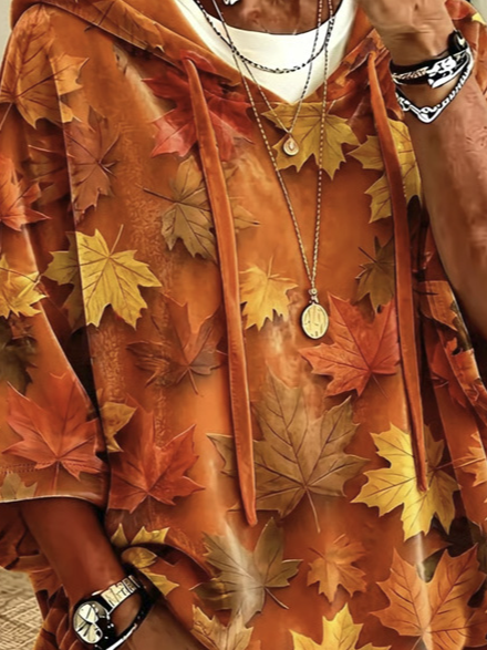 Autumn Maple Leaf Print Drawstring Hooded Half Sleeve Hoodie