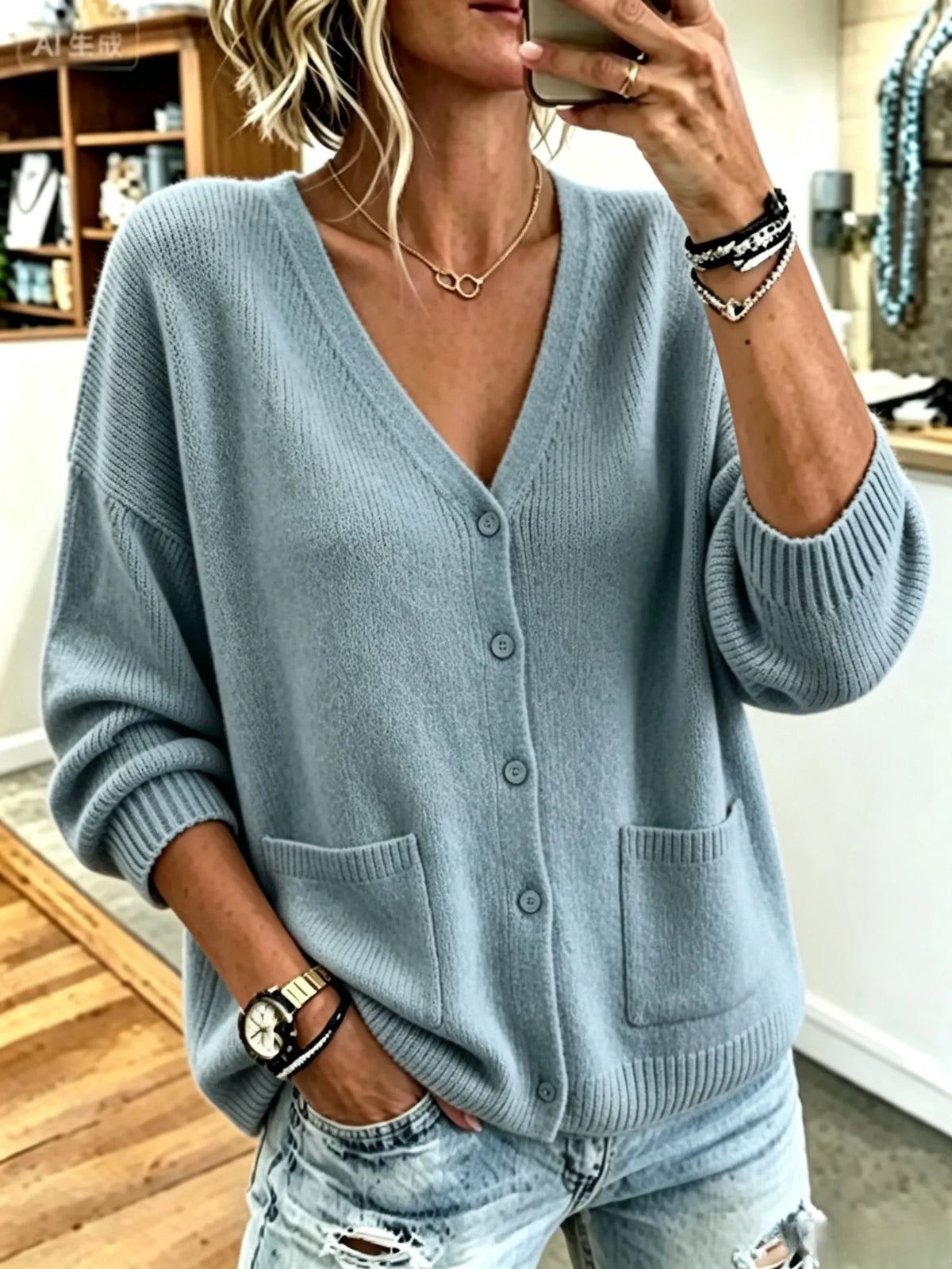 Title Solid V-Neck Button Front Pocket Long Sleeve Knit Cardigan