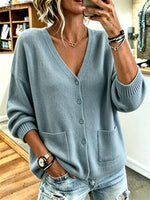 Title Solid V-Neck Button Front Pocket Long Sleeve Knit Cardigan