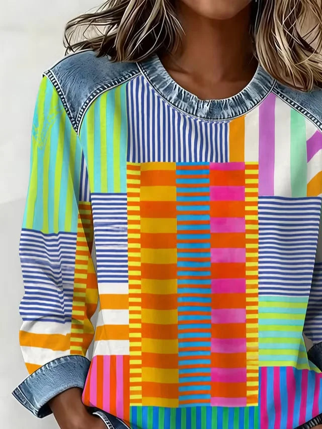 Colorful Patchwork Stripe Denim Spliced Crew Neck Long Sleeve Sweatshirt
