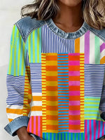 Colorful Patchwork Stripe Denim Spliced Crew Neck Long Sleeve Sweatshirt