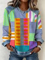 Colorful Patchwork Stripe Denim Spliced Crew Neck Long Sleeve Sweatshirt