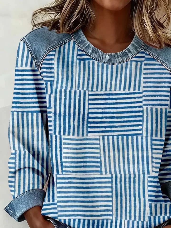 Patchwork Stripe Denim Spliced Crew Neck Long Sleeve Sweatshirt