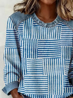 Patchwork Stripe Denim Spliced Crew Neck Long Sleeve Sweatshirt
