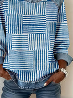 Patchwork Stripe Denim Spliced Crew Neck Long Sleeve Sweatshirt