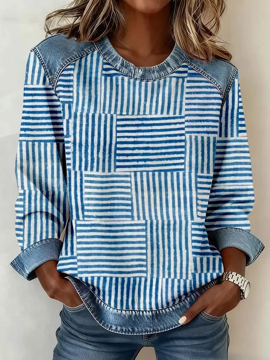 Patchwork Stripe Denim Spliced Crew Neck Long Sleeve Sweatshirt