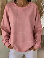 Square Grid Textured Solid Crew Neck Long Sleeve Sweatshirt
