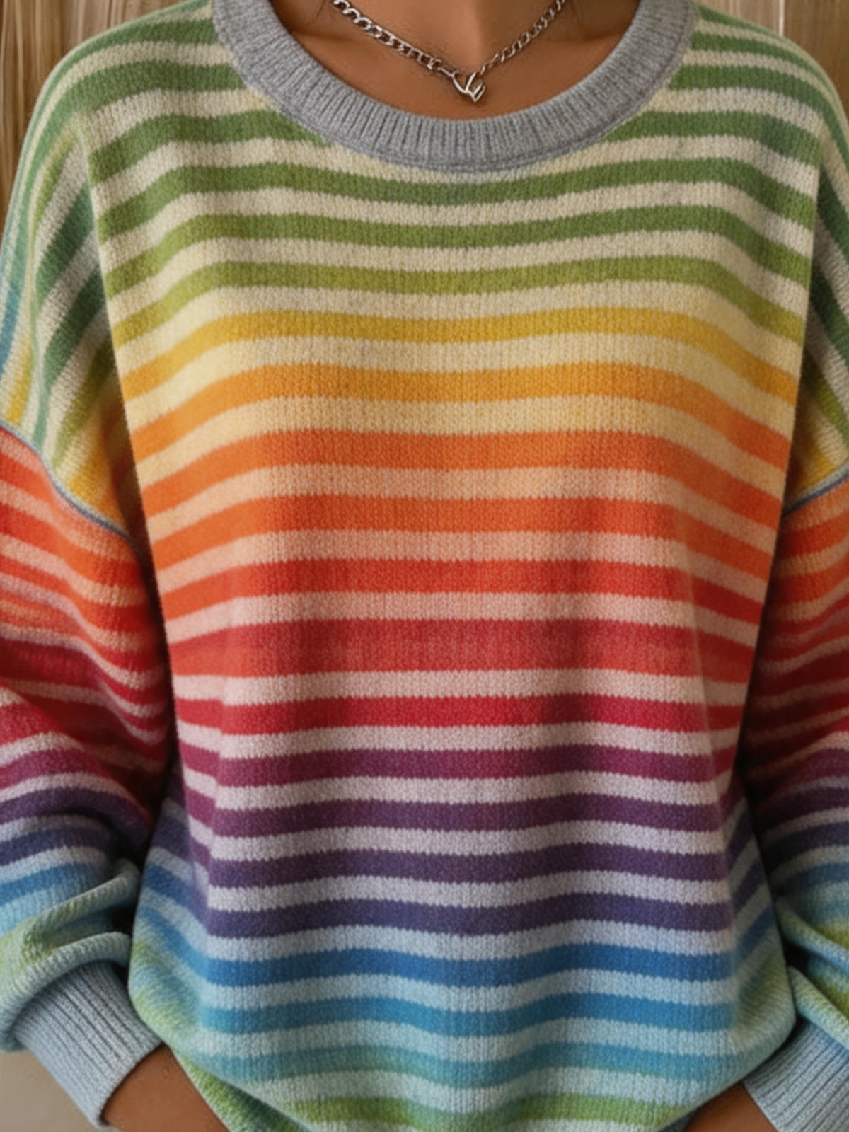 Gradient Rainbow Stripe Crew Neck Long Sleeve Casual Sweatshirt