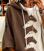 Color Block Horse Print Short Sleeve Drawstring Hoodie