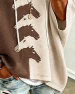 Color Block Horse Print Short Sleeve Drawstring Hoodie
