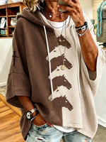 Color Block Horse Print Short Sleeve Drawstring Hoodie