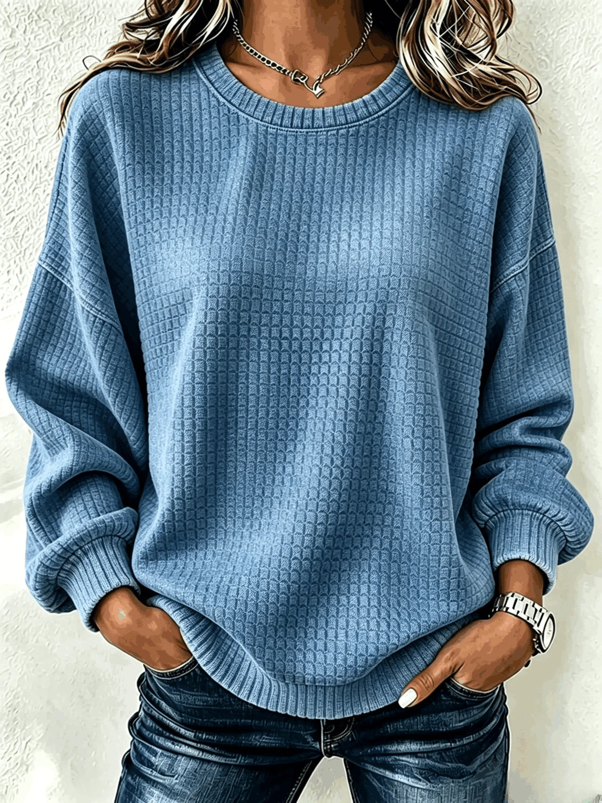Waffle Knit Solid Crew Neck Drop Shoulder Long Sleeve Sweatshirt