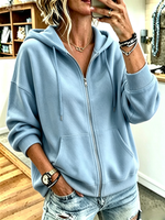 Solid Full Zip Drawstring Hooded Sweatshirt with Kangaroo Pocket