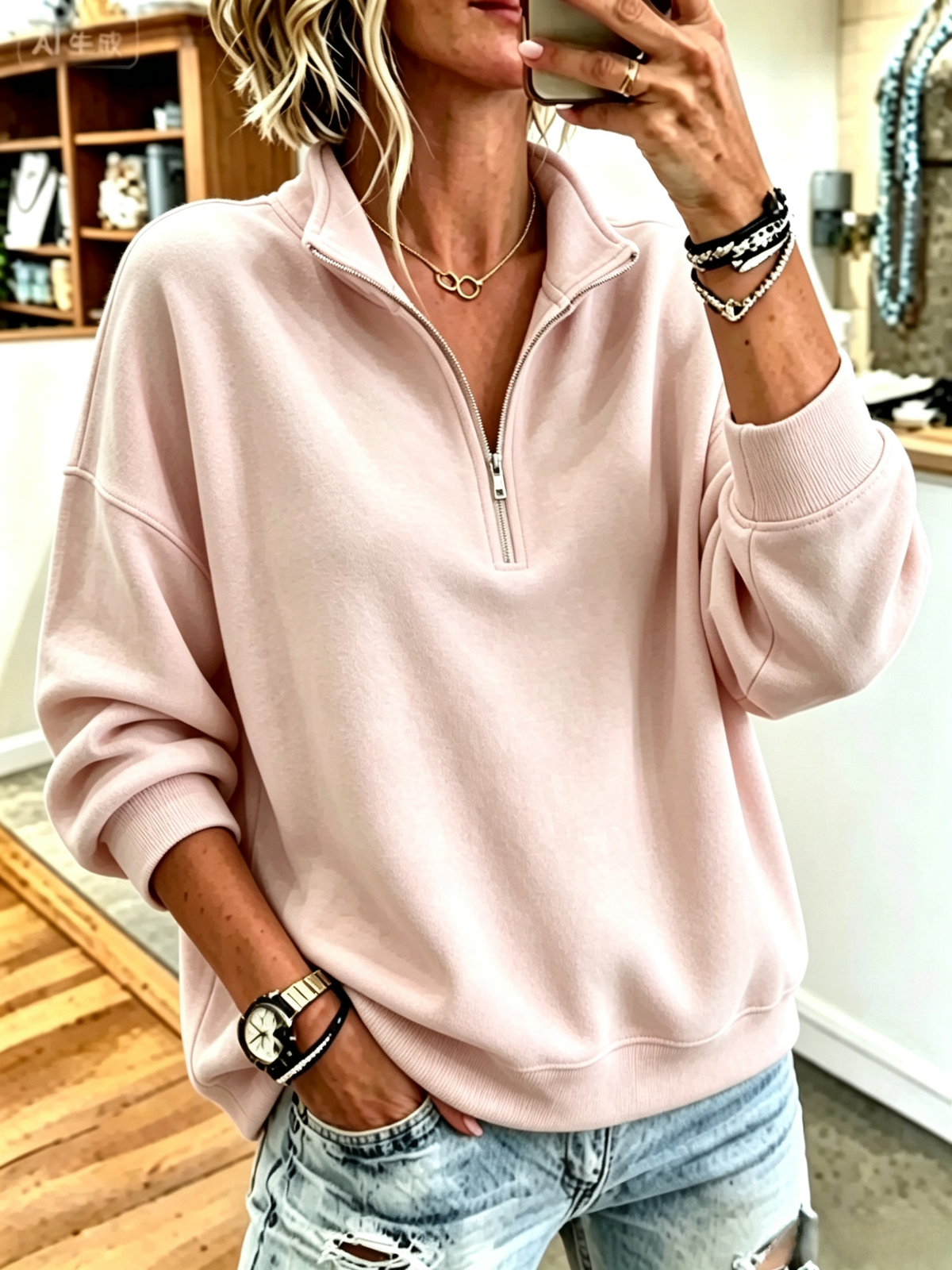 Solid Half Zip Stand Collar Drop Shoulder Long Sleeve Sweatshirt