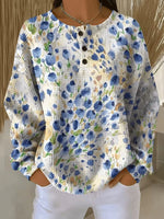 Watercolor Blue Floral Henley Button Crew Neck Waffle Knit Top