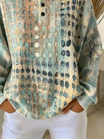 Abstract Dot Print Henley Button Crew Neck Waffle Knit Sweatshirt