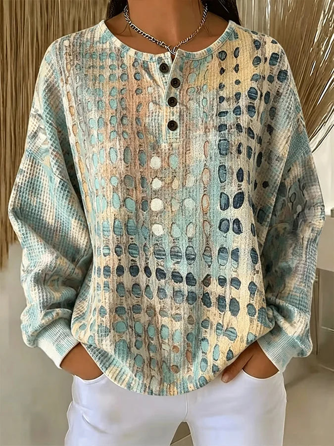 Abstract Dot Print Henley Button Crew Neck Waffle Knit Sweatshirt