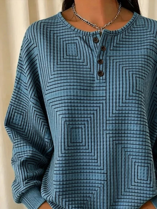 Geometric Square Line Print Henley Button Crew Neck Long Sleeve Sweatshirt