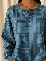 Geometric Square Line Print Henley Button Crew Neck Long Sleeve Sweatshirt