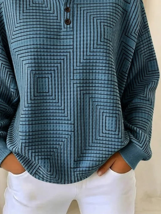 Geometric Square Line Print Henley Button Crew Neck Long Sleeve Sweatshirt