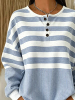 Mixed Stripe Henley Button Crew Neck Long Sleeve Sweatshirt