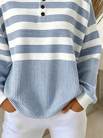 Mixed Stripe Henley Button Crew Neck Long Sleeve Sweatshirt