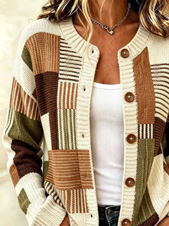 Color Block Patchwork Striped Button Front Knit Cardigan