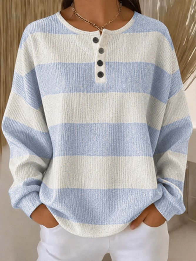 Henley Button Neck Wide Stripe Ribbed Knit Long Sleeve Sweatshirt