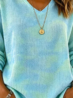 Ombre Tie Dye V-Neck Ribbed Knit Long Sleeve Top