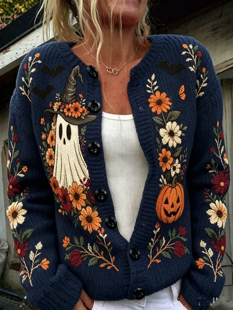 Halloween Ghost Pumpkin Floral Embroidered Button Front Knit Cardigan