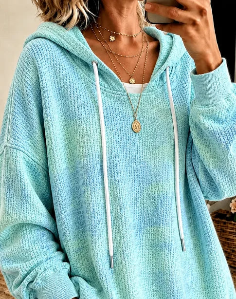 Title Waffle Knit Drawstring Long Sleeve Casual Hoodie