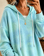 Title Waffle Knit Drawstring Long Sleeve Casual Hoodie