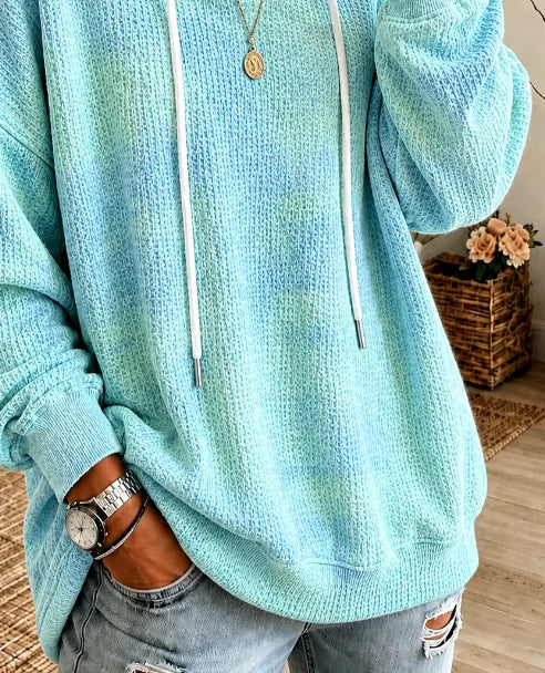 Title Waffle Knit Drawstring Long Sleeve Casual Hoodie