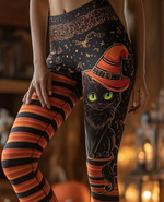 Halloween Black Witch Cat Striped High Waist Long Leggings