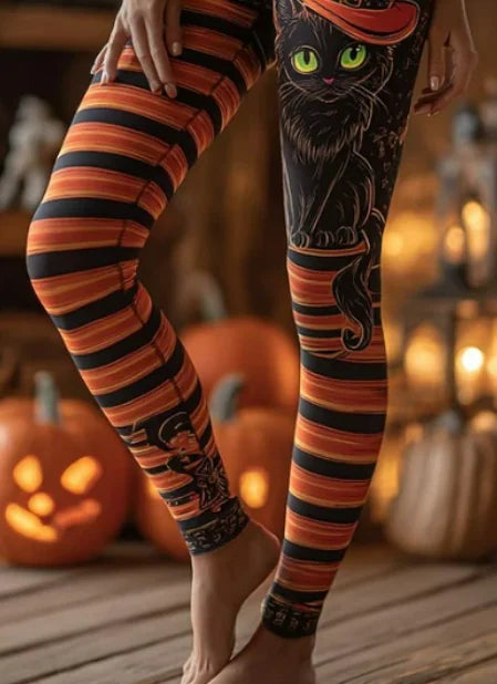 Halloween Black Witch Cat Striped High Waist Long Leggings