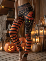 Halloween Black Witch Cat Striped High Waist Long Leggings