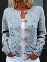 Title Vintage Floral Hollow Knit Long Sleeve Button Front Cardigan