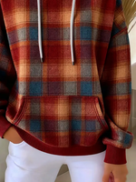 Vintage Plaid Drawstring Long Sleeve Hoodie