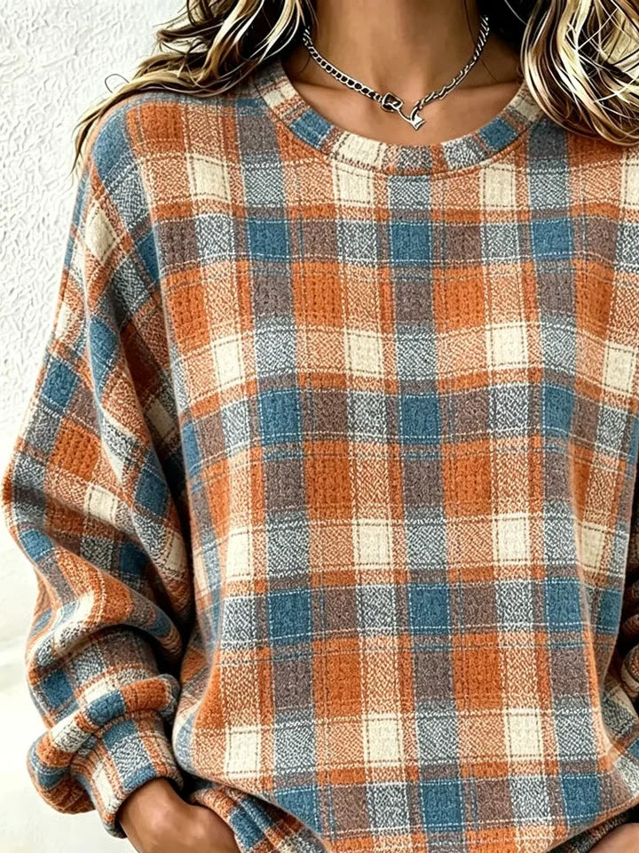 Plaid Crew Neck Long Sleeve Loose Casual Sweatshirt