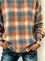 Plaid Crew Neck Long Sleeve Loose Casual Sweatshirt