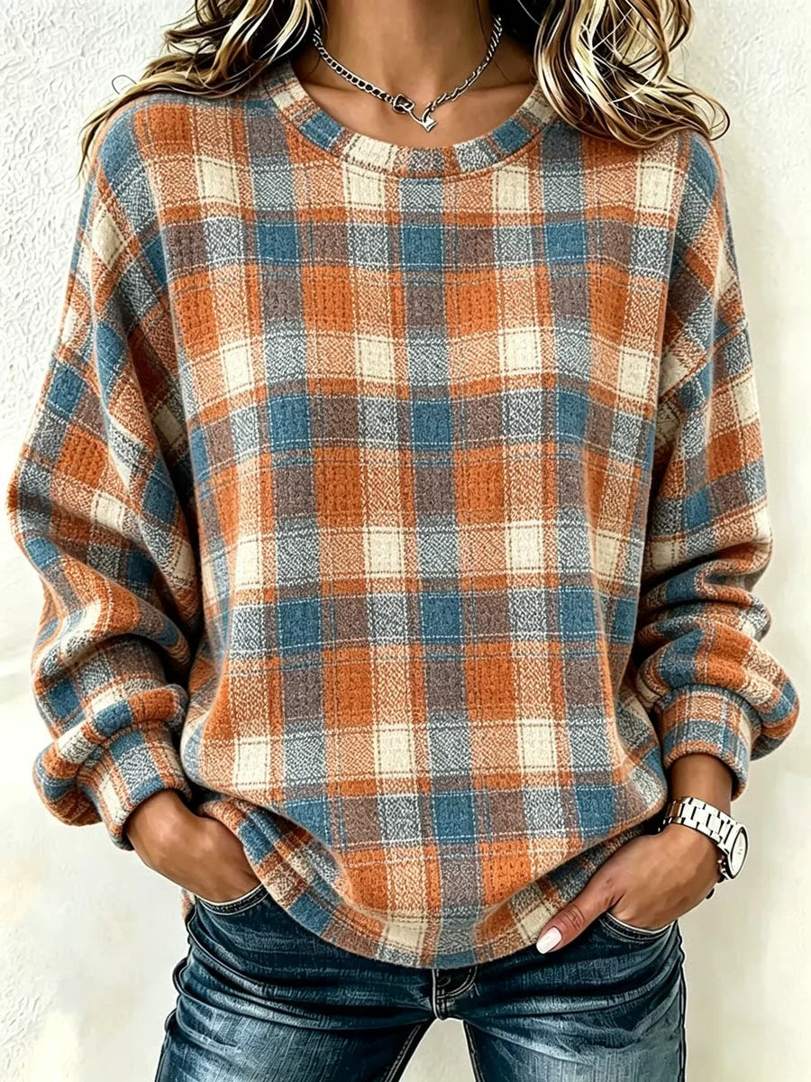 Plaid Crew Neck Long Sleeve Loose Casual Sweatshirt