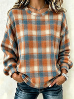 Plaid Crew Neck Long Sleeve Loose Casual Sweatshirt