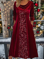 Christmas Party Round Neck Velvet Wine Red Long Sleeve Dress